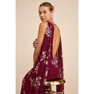Lulus Sidonia Burgundy And Gold Floral Cowl Sash Maxi Dress Red - Size M